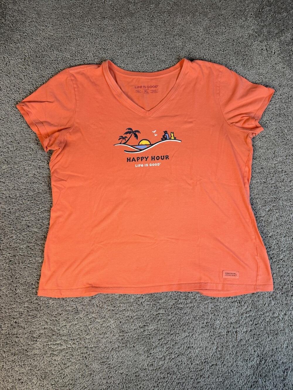 Life Is Good Shirt Womens XL Orange V-Neck Sunset Happy Hour Jake Dog Rocket